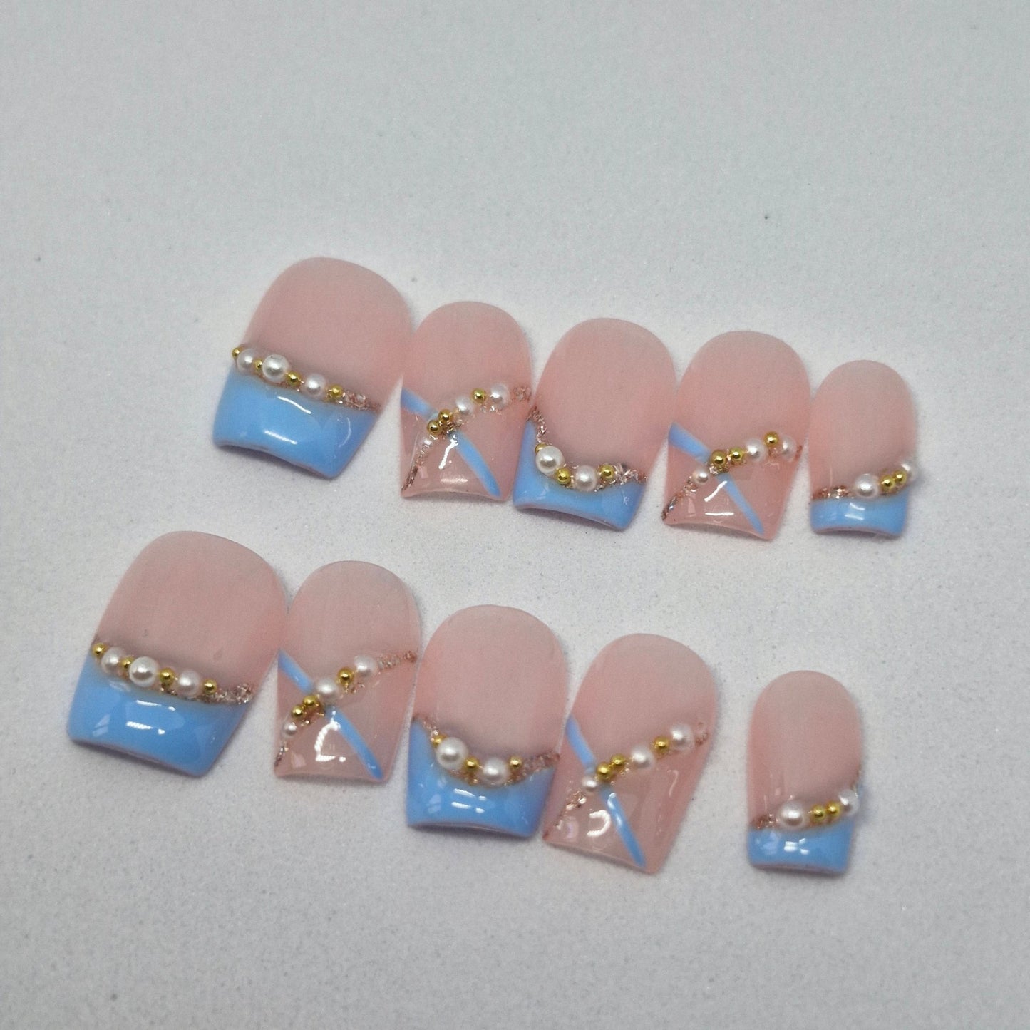 Chic Tranquility Collection: Baby Blue and Blush Press - On Nails with Elegant Pearl Accents 851 - Express Glam Nails