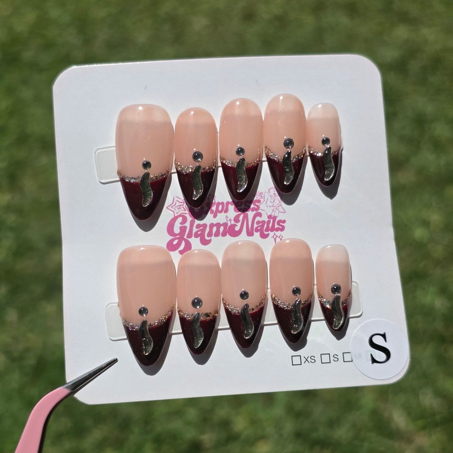 Dark Red Tips with Gems 16A - Express Glam Nails