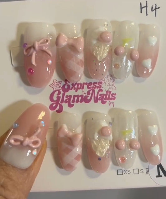 Checked Pink Bow French Tip Press On Nails H4