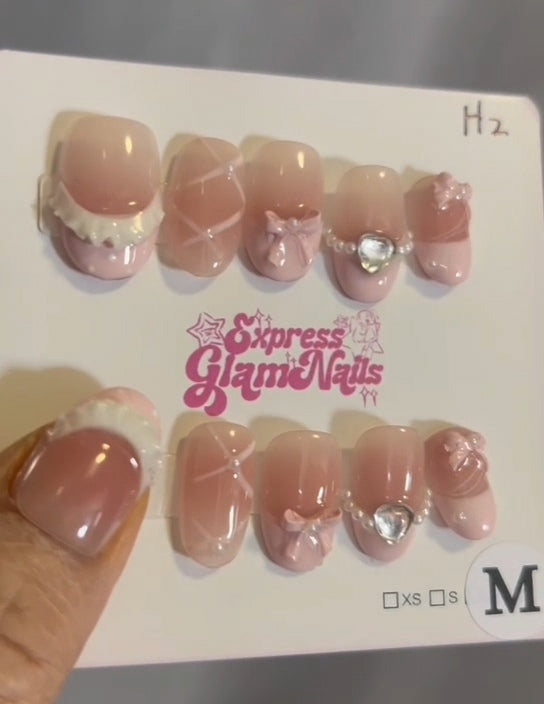 Pink French Bow Press On Nails H2