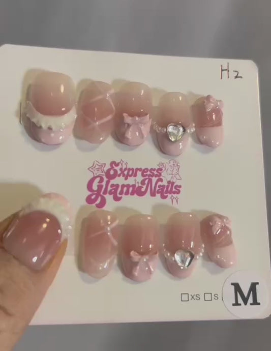 Pink French Bow Press On Nails H2