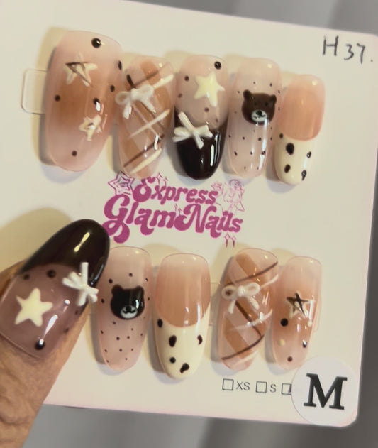 Cute Brown Bear White Bow Press On Nails H37