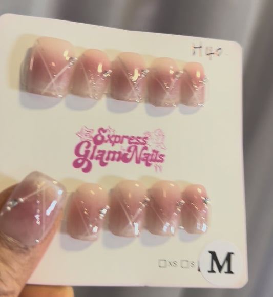 Short Square Blush Diamond Press On Nails H40