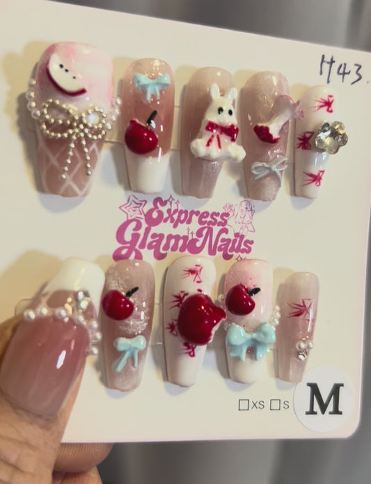 Apple Rabbit Bow Press On Nails H43