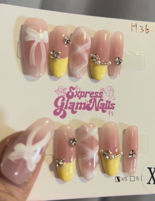 Lemon Ribbon Press On Nails H36