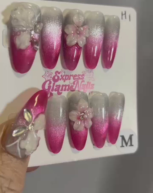 Pink Flower French Tip Press On Nails H1