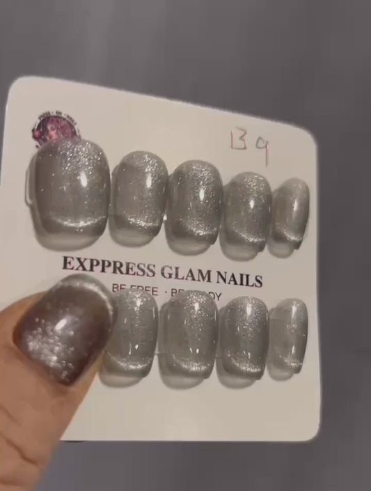 Silver Stardust Press On Nails B9