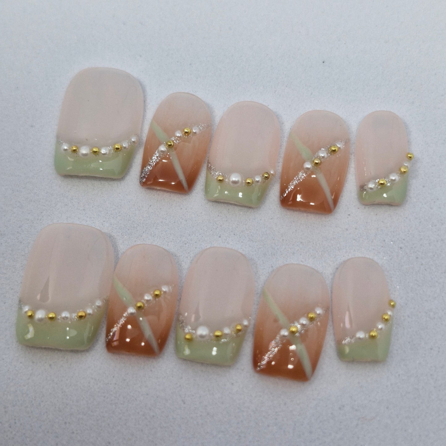 Spring Serenity Set: Pastel French Tip Press-On Nails with Pearl and Gold Bead Embellishments 849