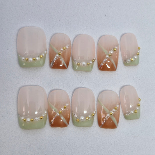 Spring Serenity Set: Pastel French Tip Press-On Nails with Pearl and Gold Bead Embellishments 849