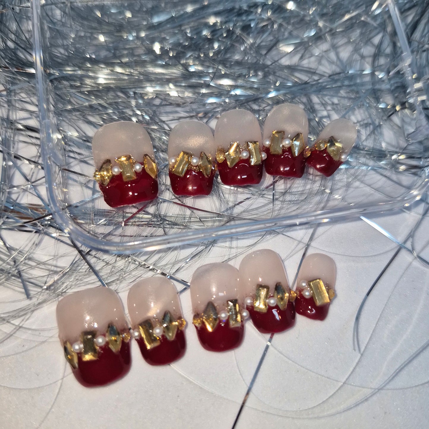 Royal Red: Elegant French Tip Press-On Nails with Gold Accents