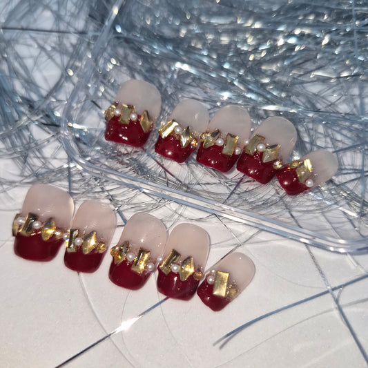 Royal Red: Elegant French Tip Press-On Nails with Gold Accents