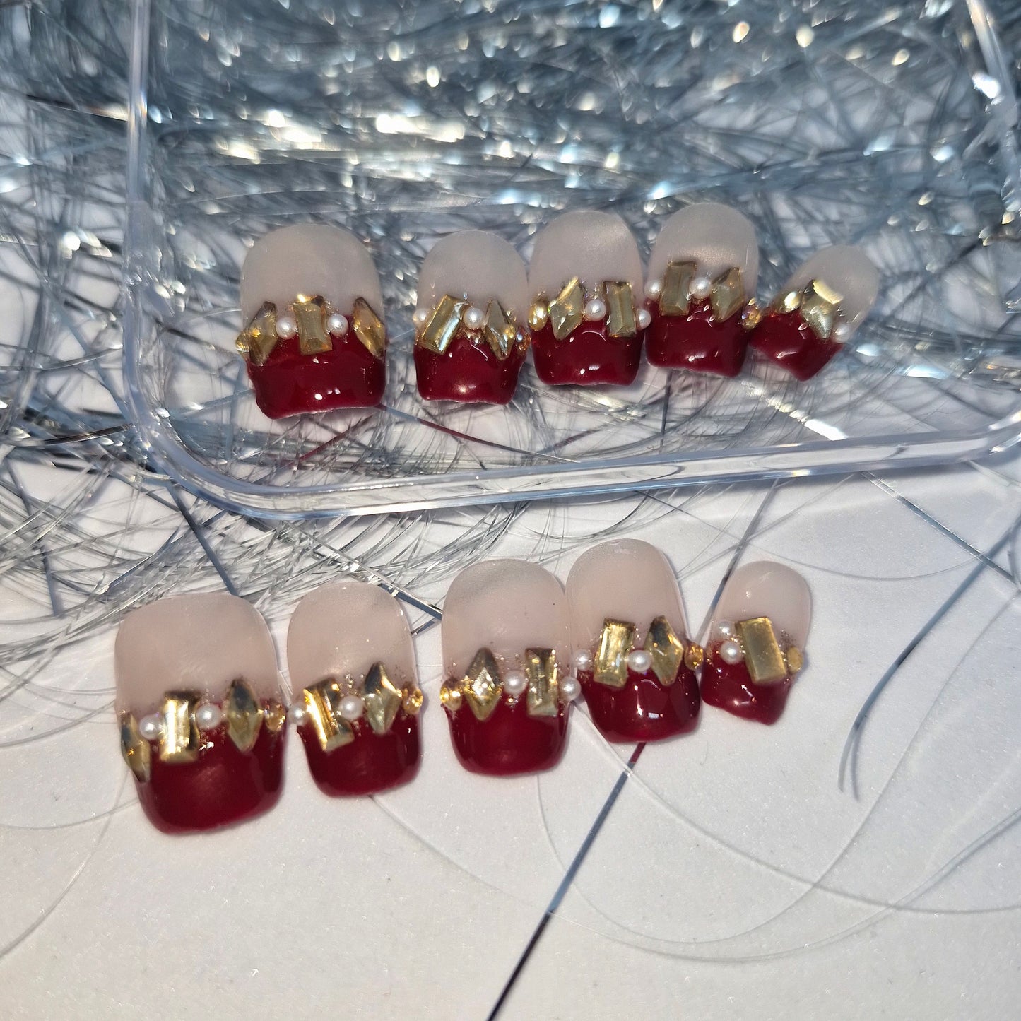 Royal Red: Elegant French Tip Press-On Nails with Gold Accents