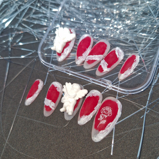 Cherubic Charm: Angelic Red Press-On Nails with Ethereal White Accents