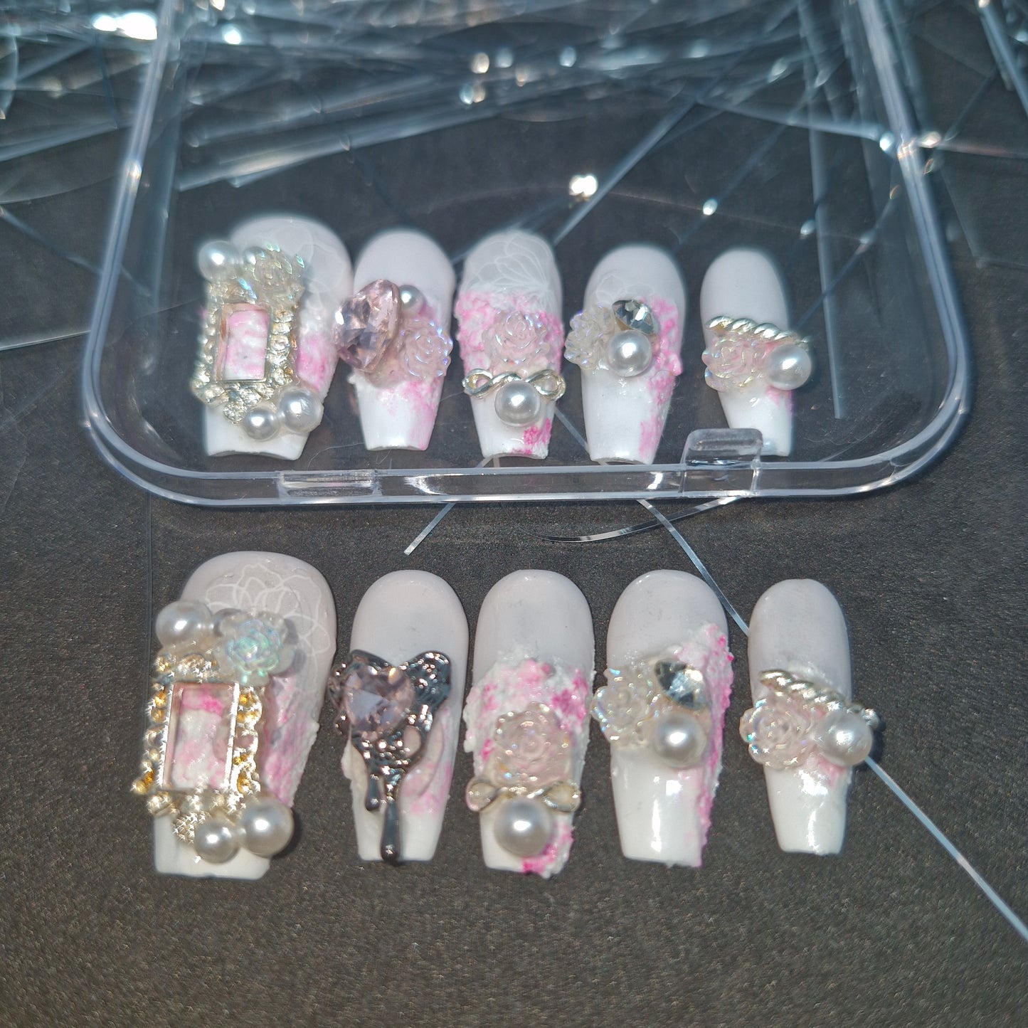 Roseate Romance: Press-On Nails with Lace Detailing and Pink Gem Adornments