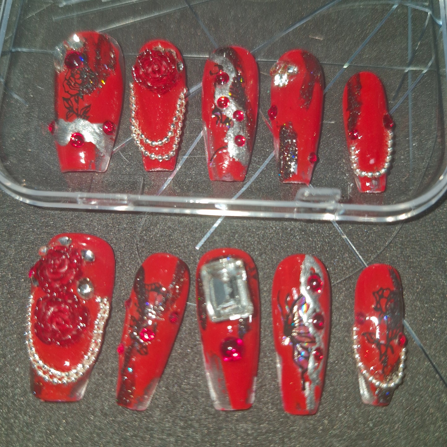 Scarlet Charisma: 3D Rose and Rhinestone Embellished Press-On Nails