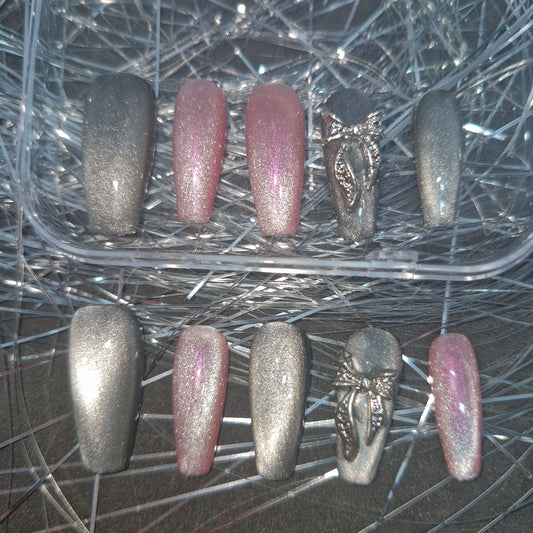 Stardust Serenade: Silver Shimmer and Blush Pink Press-On Nails with Celestial Adornments