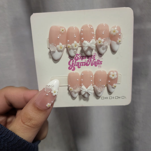 French Tip Almond with Bow Press on nails