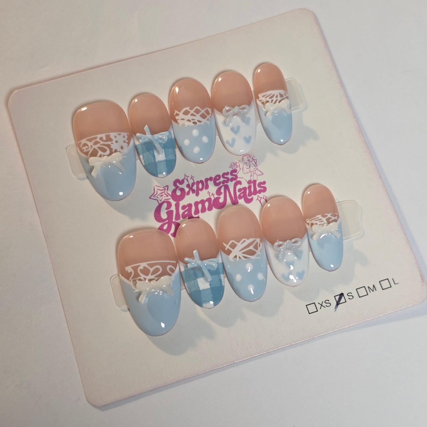 Blue Bow Lace French Press On Nails H3