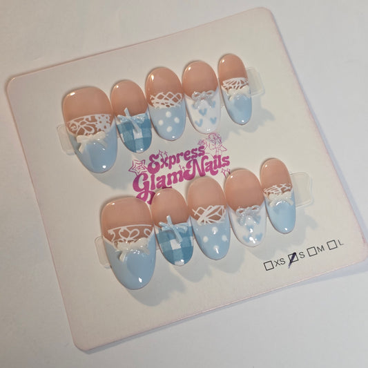 Blue Bow Lace French Press On Nails H3
