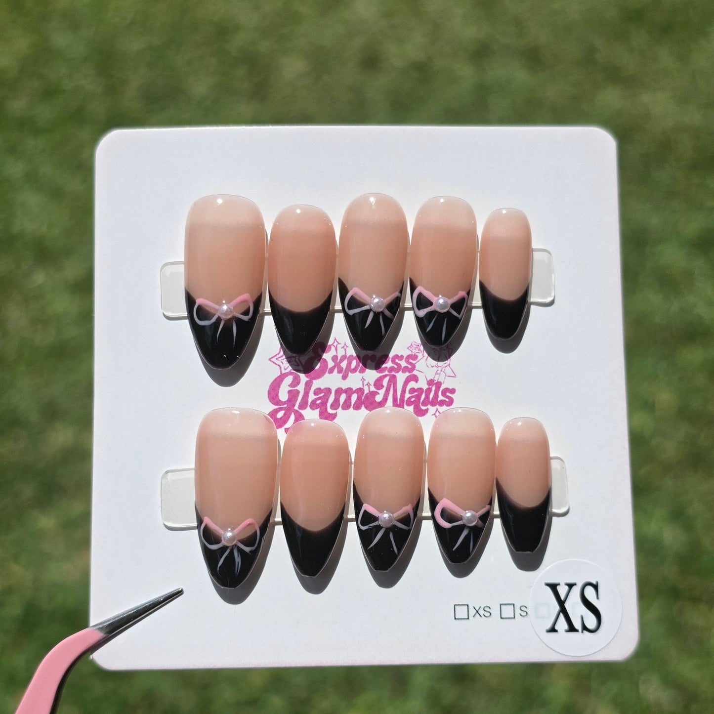 Black French Tip Pink Bows 9A - Express Glam Nails