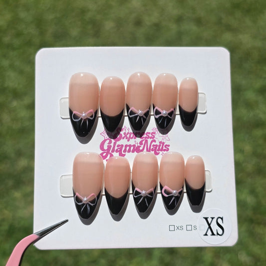 Black French Tip Pink Bows 9A - Express Glam Nails