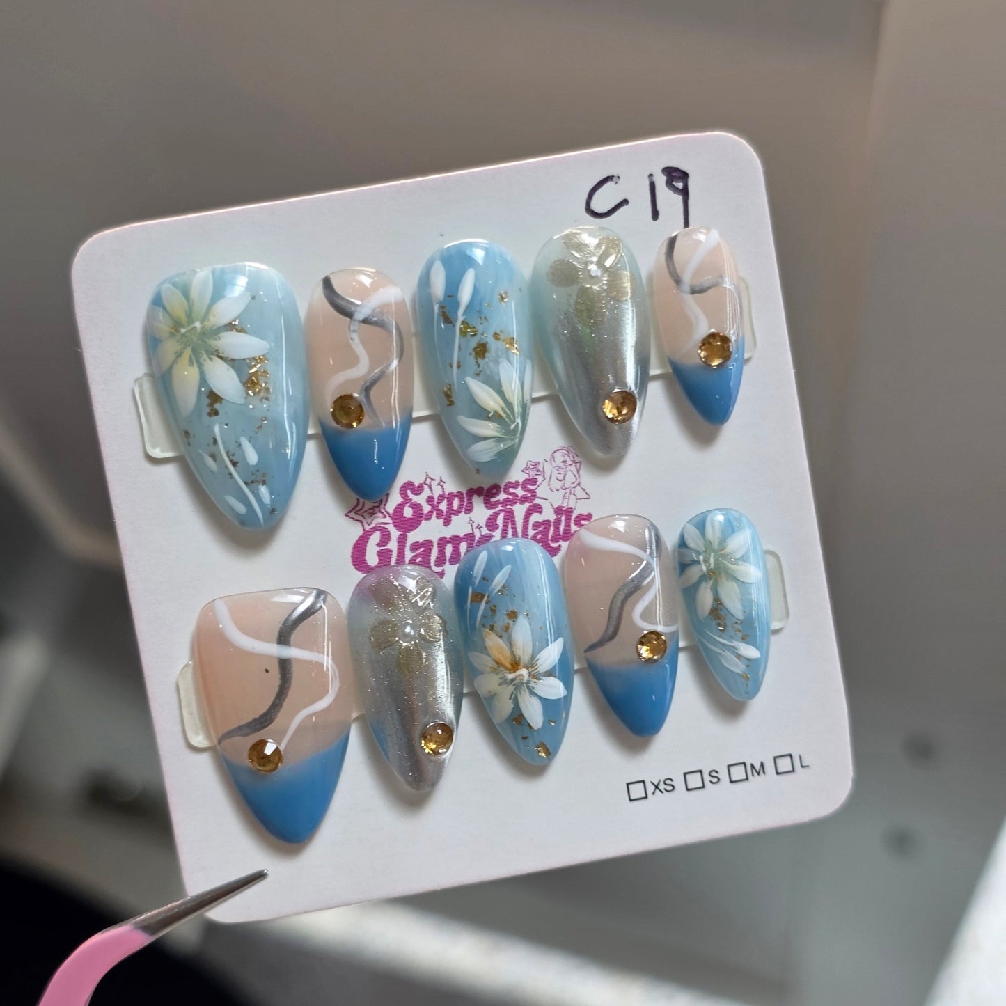 Blue Blossom Elegance Press On Nails C19 - Express Glam Nails