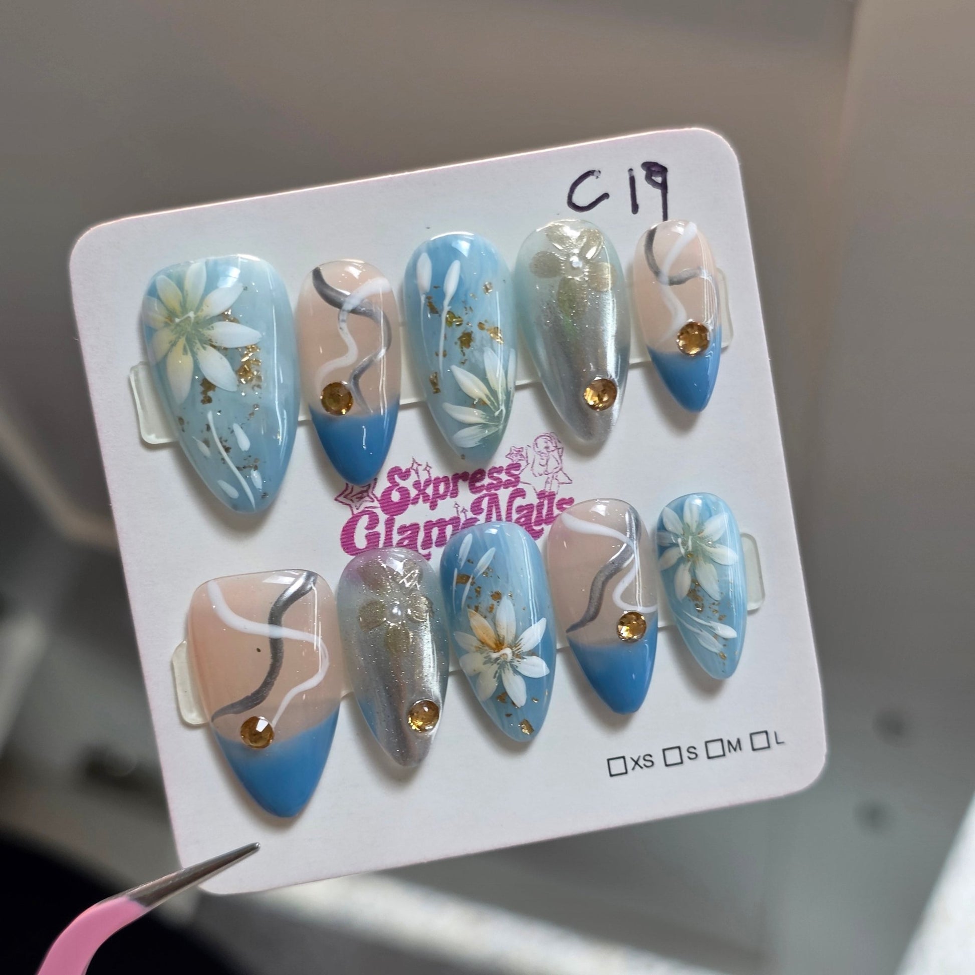 Blue Blossom Elegance Press On Nails C19 - Express Glam Nails