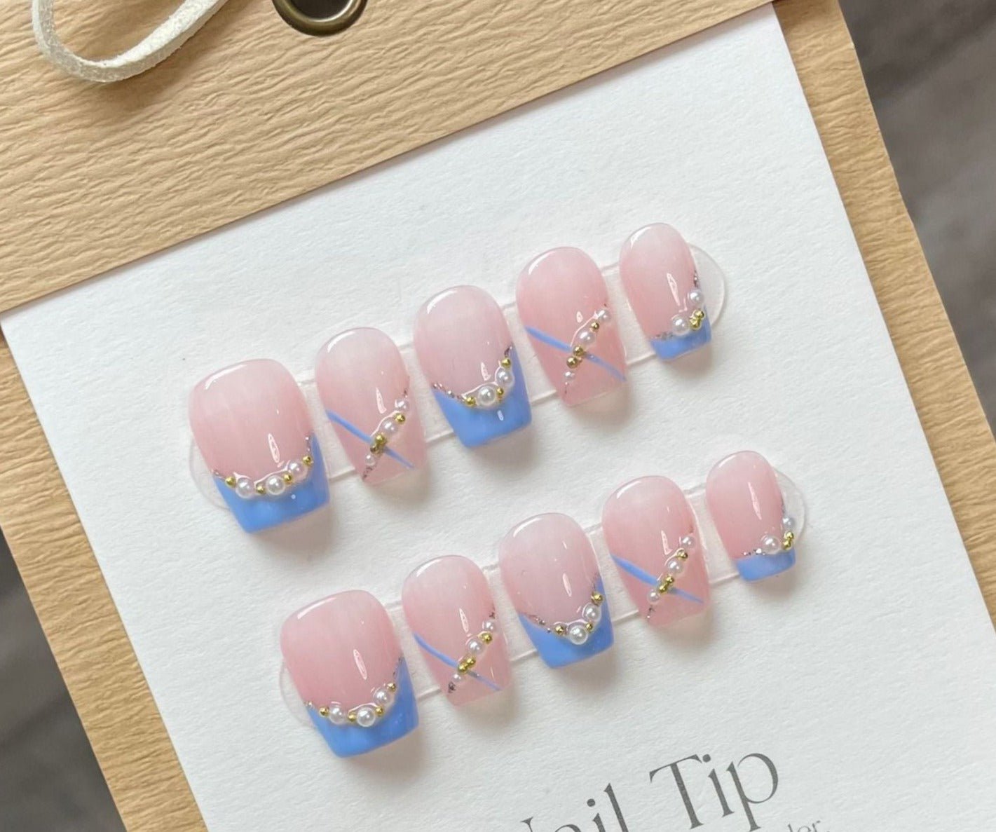 Chic Tranquility Collection: Baby Blue and Blush Press - On Nails with Elegant Pearl Accents 851 - Express Glam Nails