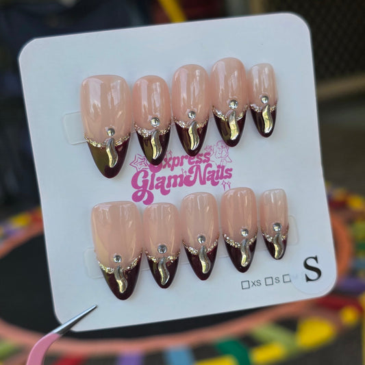 Dark Red Tips with Gems 16A - Express Glam Nails