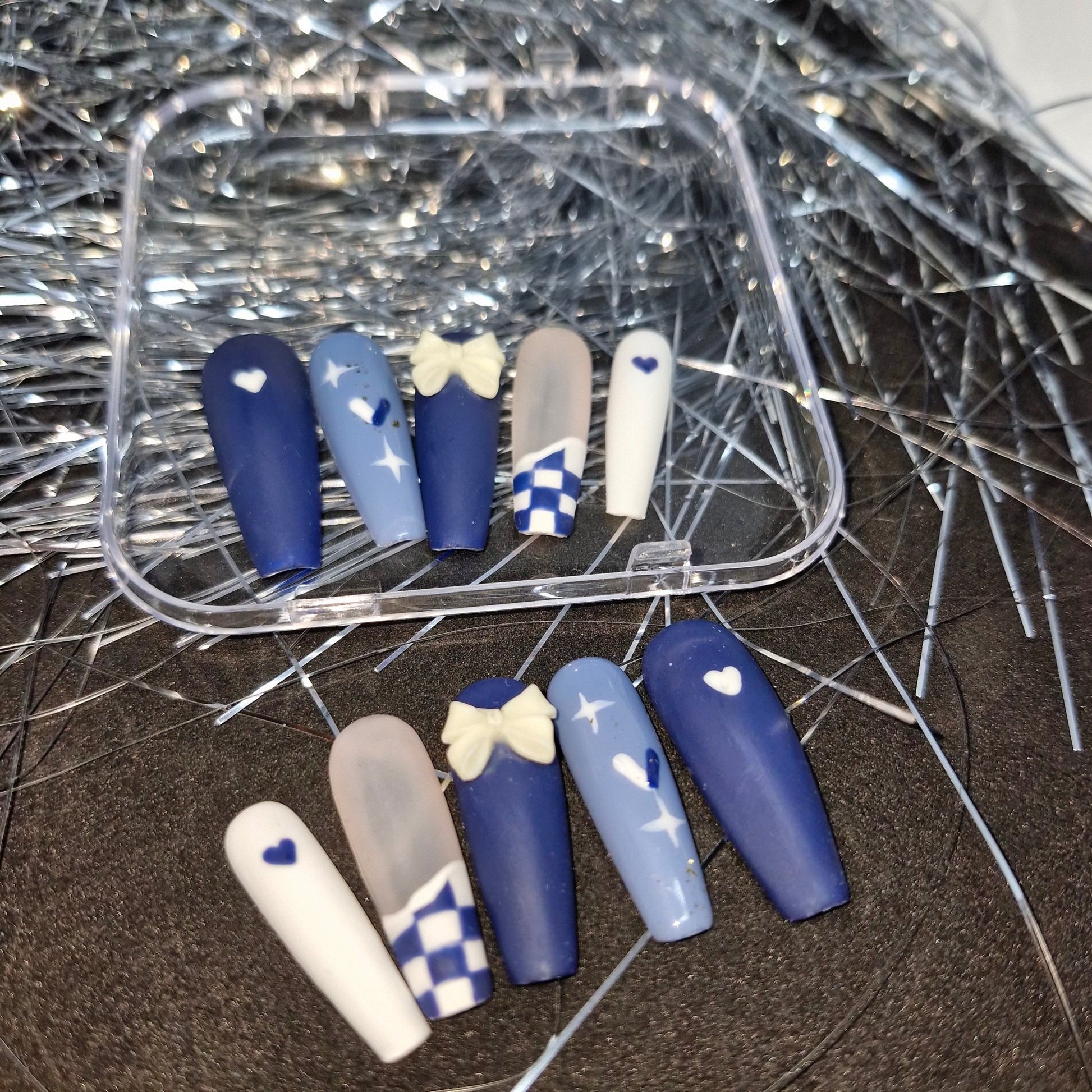 Evening Serenade: Navy and Grey Press - On Nails with Charming Bows and Stars - Express Glam Nails