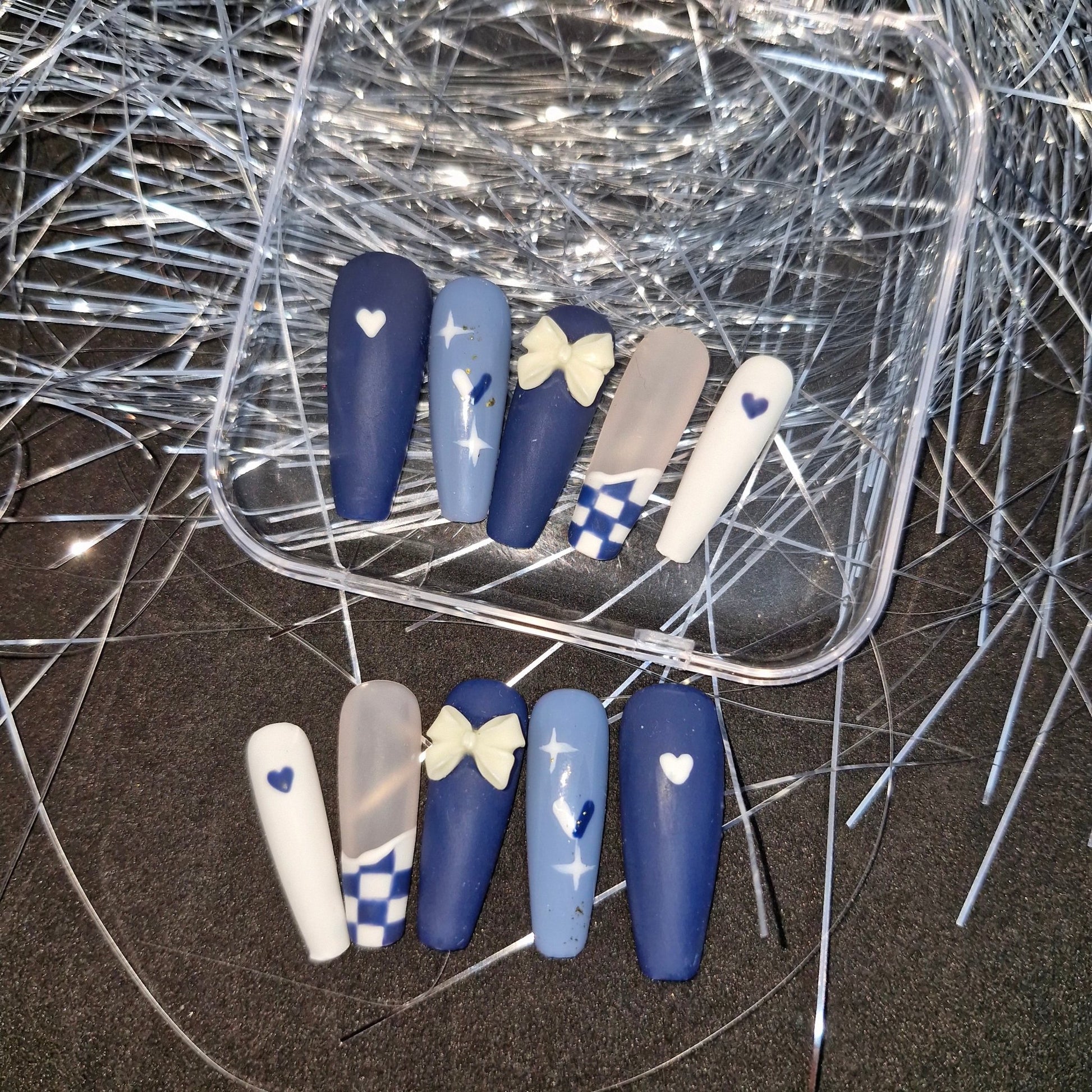 Evening Serenade: Navy and Grey Press - On Nails with Charming Bows and Stars - Express Glam Nails