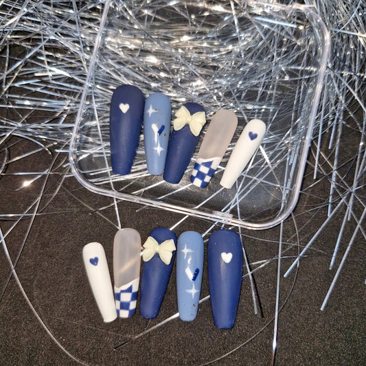 Evening Serenade: Navy and Grey Press - On Nails with Charming Bows and Stars - Express Glam Nails