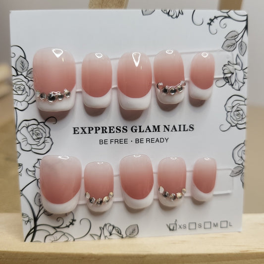 Pinky French tips with gems Press on Nails - Express Glam Nails