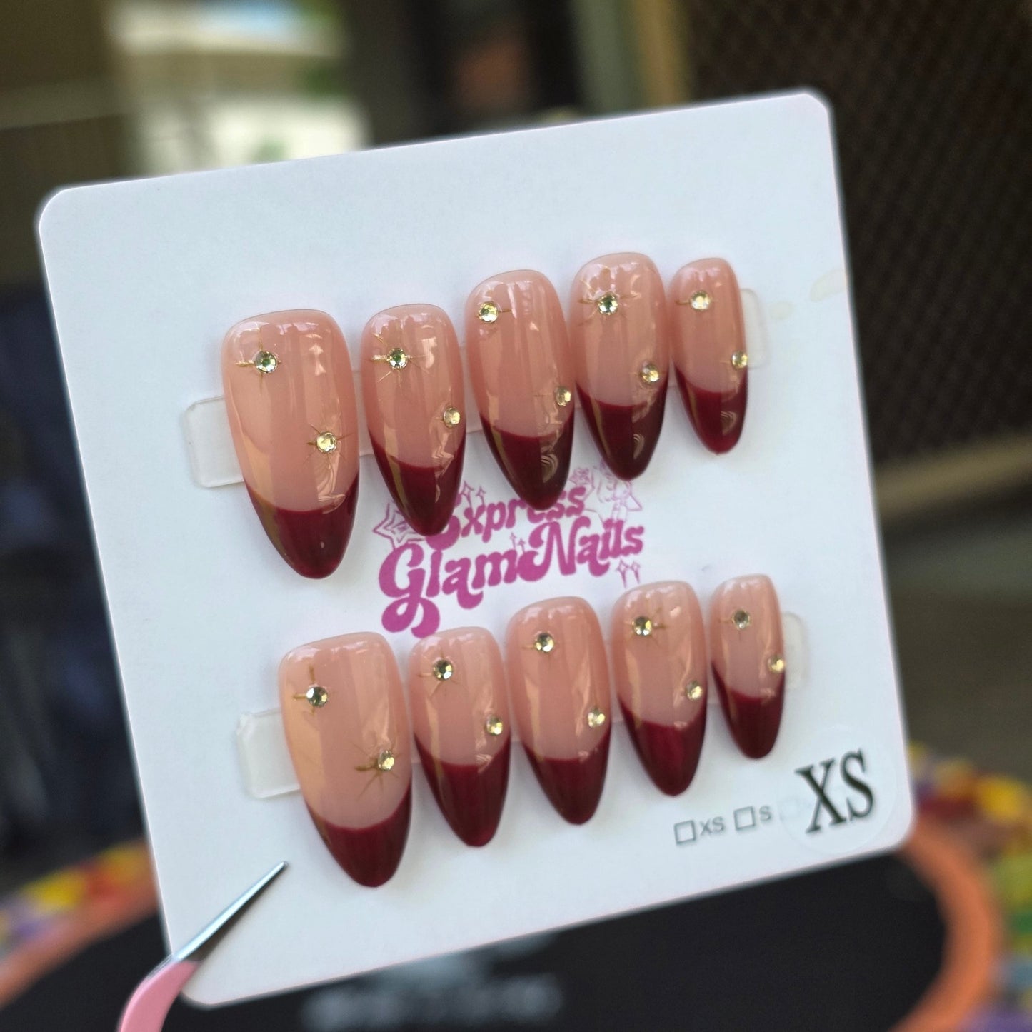 Red Almond French Tip with Gems 1A - Express Glam Nails