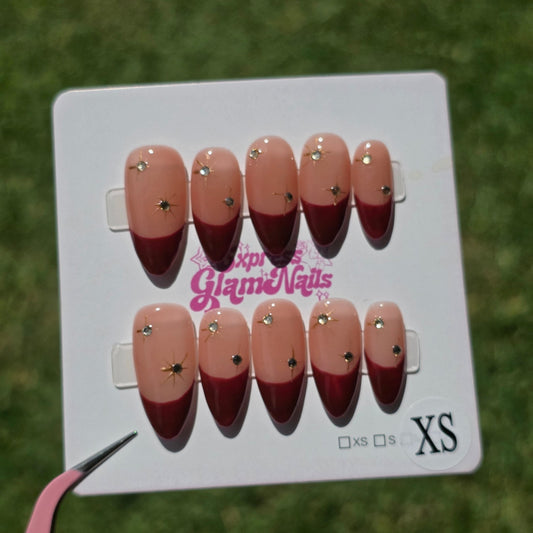 Red Almond French Tip with Gems 1A - Express Glam Nails