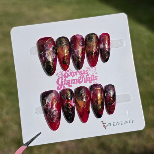 Red Black Marble Medium Almond I31 - Express Glam Nails