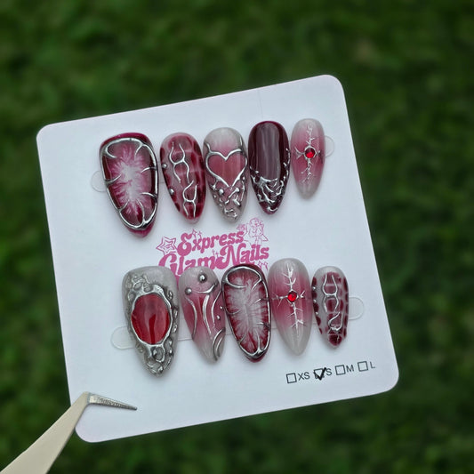 Red Gothic Medium Almond 42A - Express Glam Nails