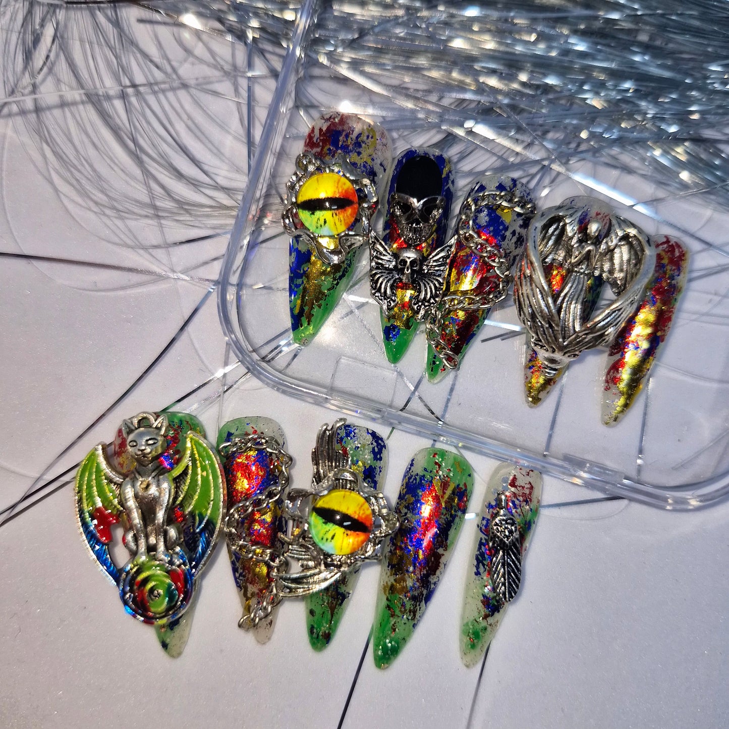 Feline Fantasy: Luxury Handcrafted Press-On Nail Set with Glitter Accents and Bold Charms