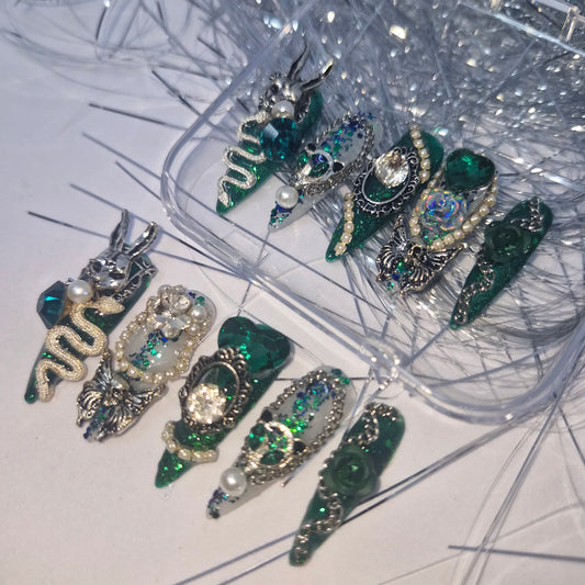 Emerald Enchantment: Luxe Press-On Nails with Jeweled Accents and Pearls