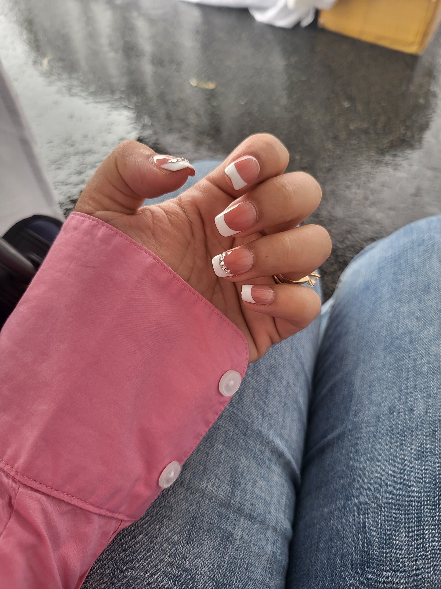 Pinky French tips with gems Press on Nails