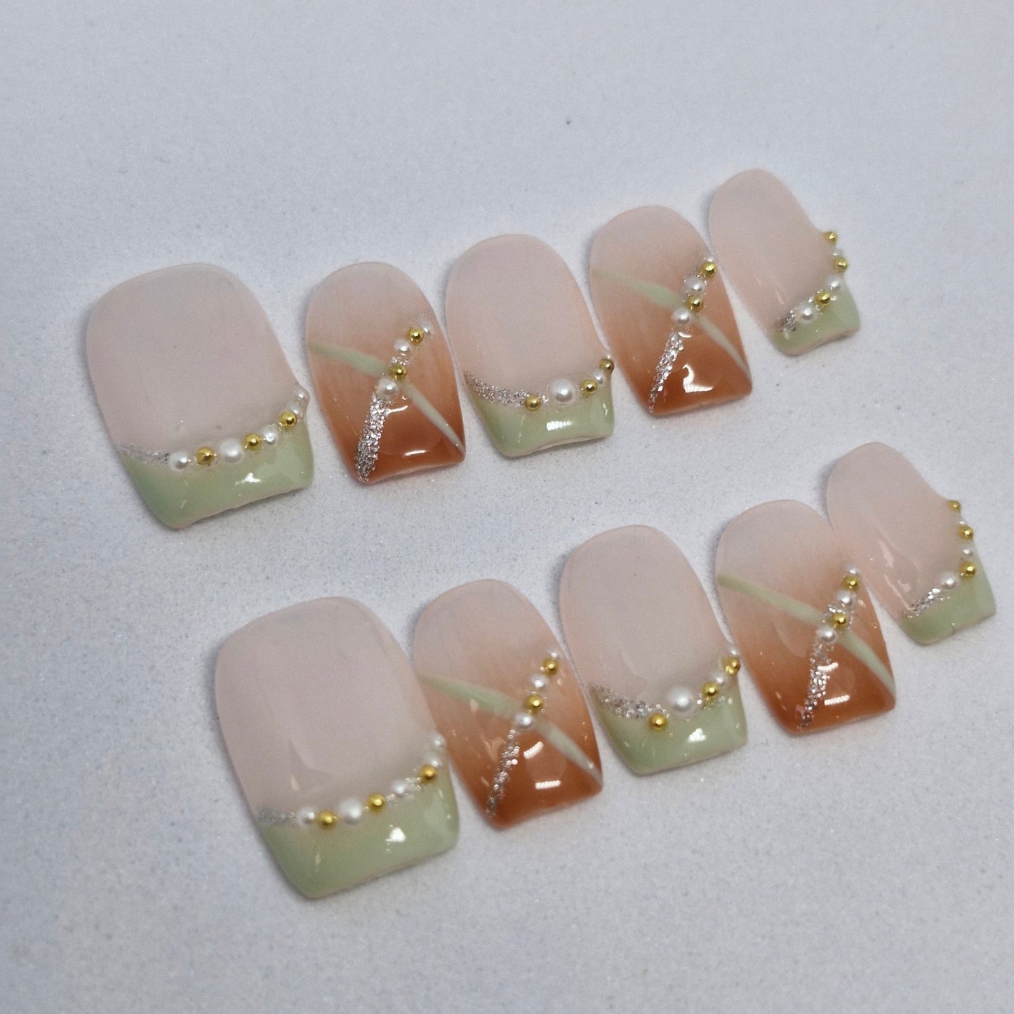 Spring Serenity Set: Pastel French Tip Press - On Nails with Pearl and Gold Bead Embellishments 849 - Express Glam Nails
