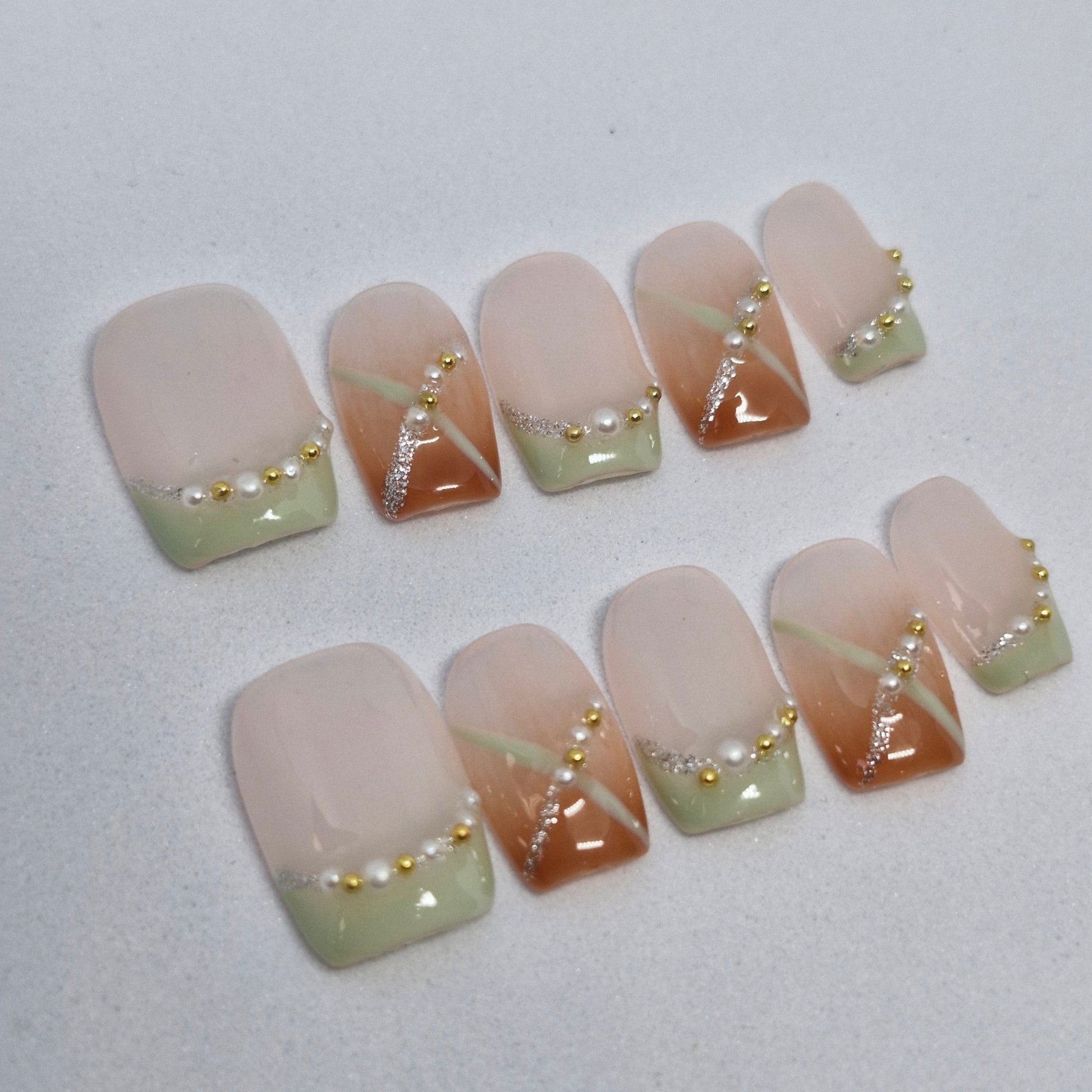 Spring Serenity Set: Pastel French Tip Press - On Nails with Pearl and Gold Bead Embellishments 849 - Express Glam Nails