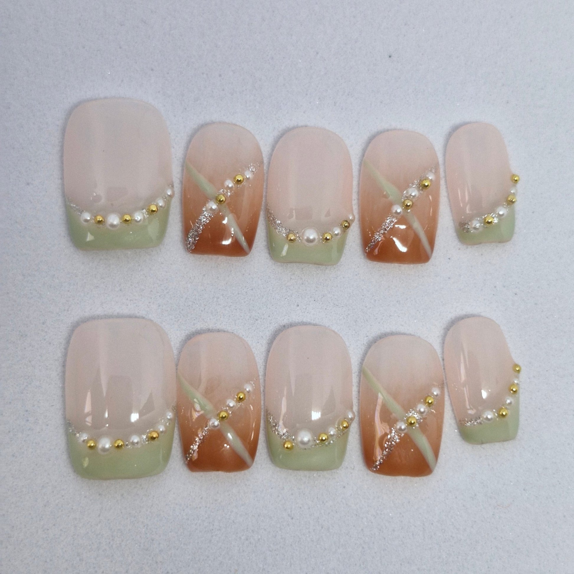 Spring Serenity Set: Pastel French Tip Press - On Nails with Pearl and Gold Bead Embellishments 849 - Express Glam Nails