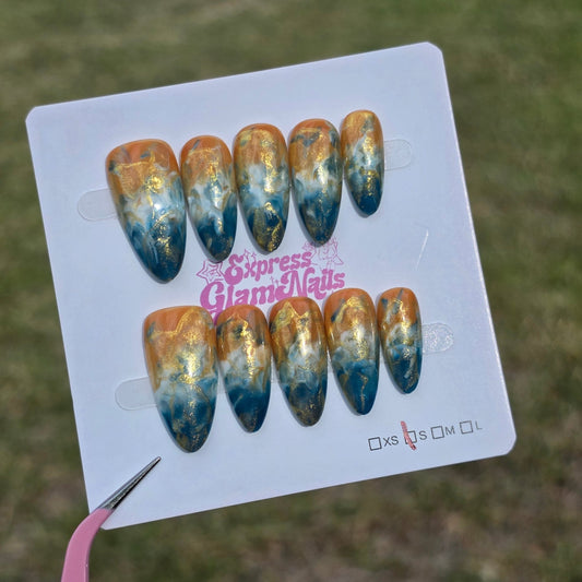 Yellow Blue Marble Long Almond I37 - Express Glam Nails