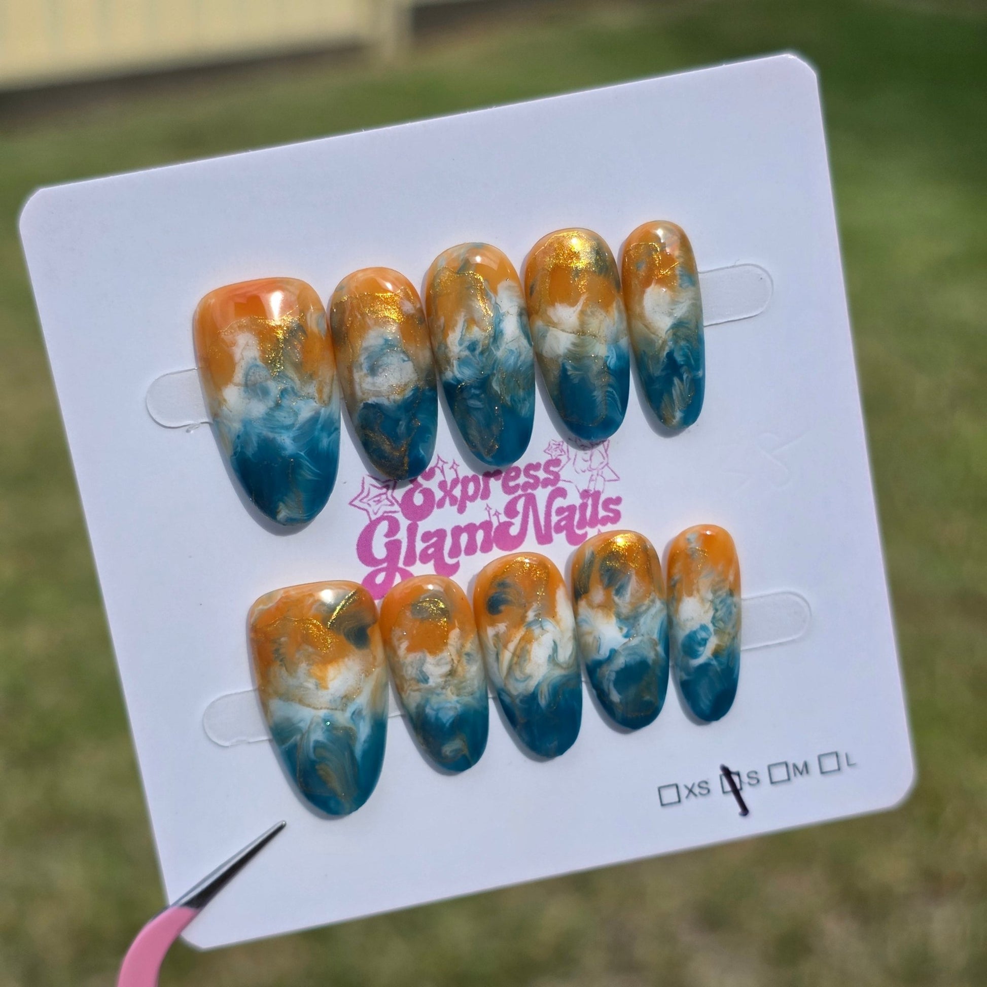 Yellow Blue Marble Long Oval I38 - Express Glam Nails